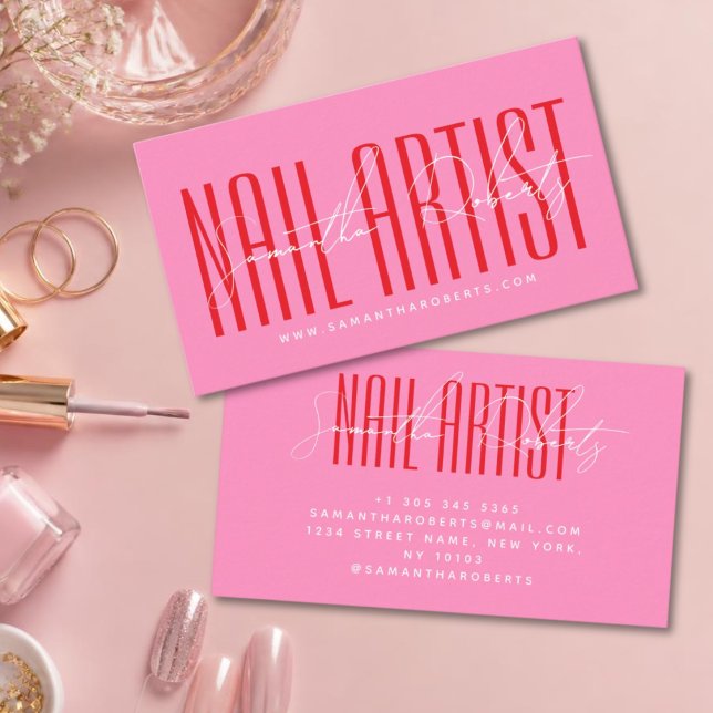 Nail artist modern typography script pink business card (Creator Uploaded)