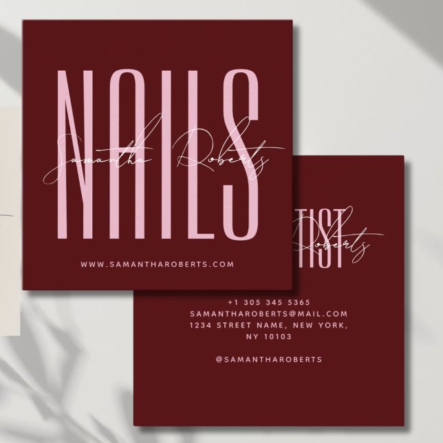 Nail artist modern typography script red square business card (Creator Uploaded)