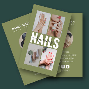 Nail Artist Olive Green Vertical 4 Photo Grid Business Card