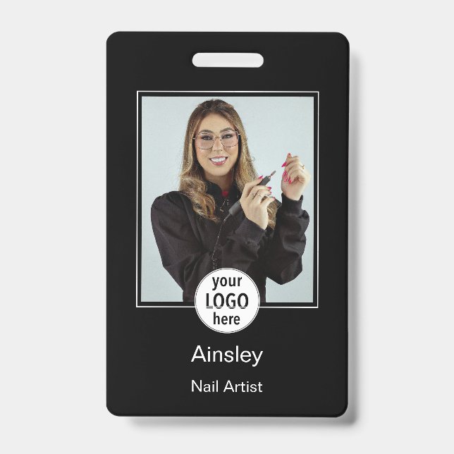  Nail Artist Photo Logo Black White Name ID Badge (Front)