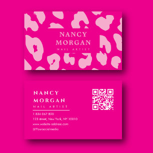 Nail Artist Red Pink Leopard Print Qr Code  Business Card