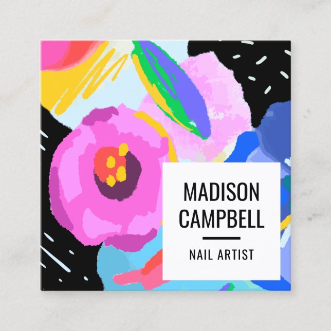 Nail artist salon abstract floral brushstrokes art square business card (Front)
