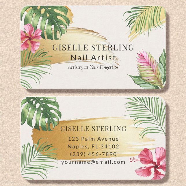 Nail Artist Tropical Gold Brushed Watercolor Business Card (Creator Uploaded)