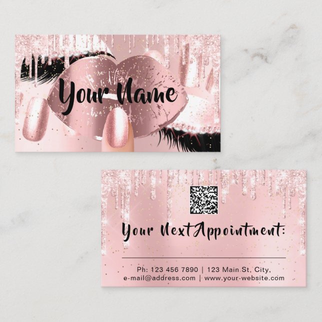 Nail Makeup Artist Rose Kiss Lip Lash QRCODE Logo  Business Card (Front/Back)