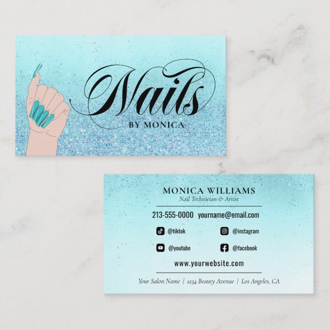 Nail Manicurist Tech Turquoise Glam Glitter Business Card (Front/Back)