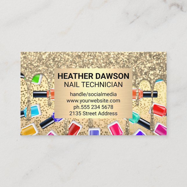 Nail Polish Bottles | Gold Metallic Glitter Drip Business Card (Front)