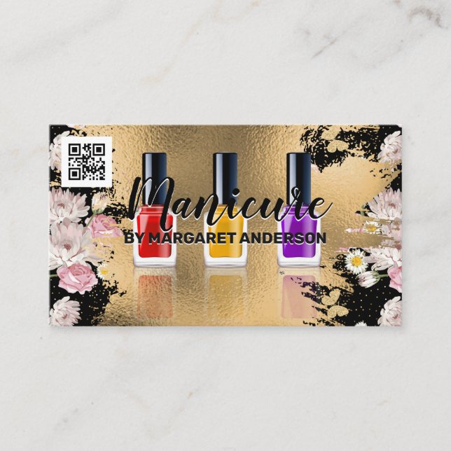 Nail Polish | Gold Flowers | QR Code Appointment Card (Front)