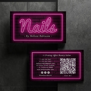 Nail Salon Artist Pink Neon & Brick Wall QR Code Business Card