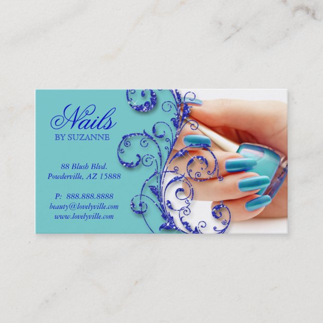 Nail Salon Business Card Glitter Blue (Front)