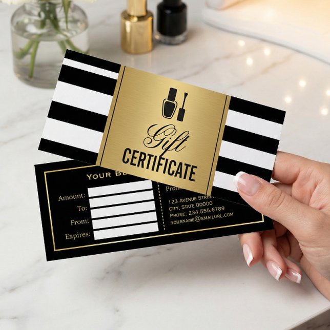 Nail Salon Gift Certificate Gold B&W Stripes (Creator Uploaded)