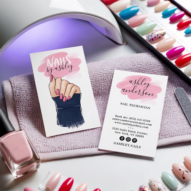 Nail salon girly pink trendy nails illustration business card (Nail salon girly pink trendy nails illustration)