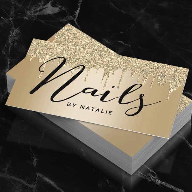 Nail Salon Gold Glitter Drips Typography Business Card (Creator Uploaded)