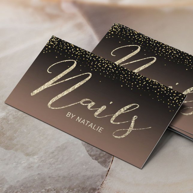 Nail Salon Gold Glitter Typography Black & Beige Business Card (Creator Uploaded)