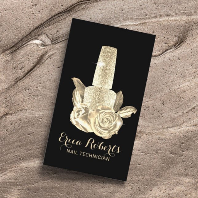 Nail Salon Gold Polish Bottle & Flowers Manicurist Business Card (Creator Uploaded)