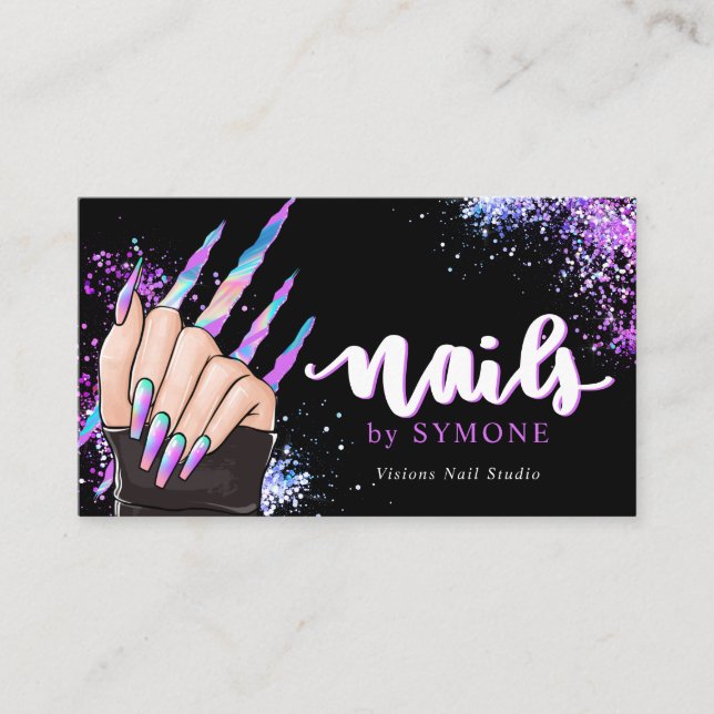 Nail Salon Holographic Glitter Nail Tech Beauty Bu Business Card (Front)