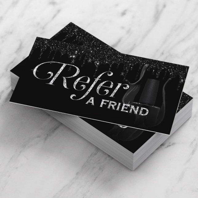 Nail Salon Manicurist Black Glitter Drips Referral Card (Creator Uploaded)