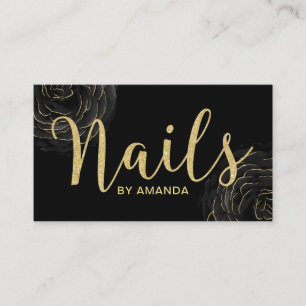 Nail Salon Modern Black & Gold Floral Business Card