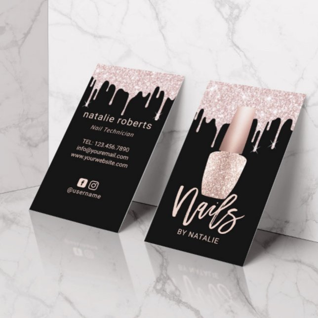 Nail Salon Modern Rose Gold Drips Nail Manicurist Business Card (Creator Uploaded)