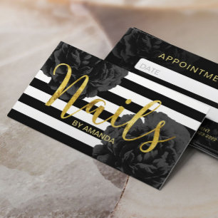 Nail Salon Modern Stripes Black Floral Appointment Card