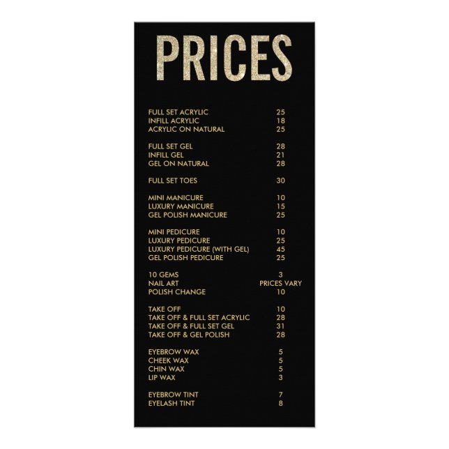 Nail Salon Monogram on Gold Glitter Price List Rack Card (Front)