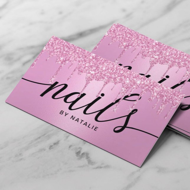 Nail Salon Pink Glitter Drips Typography Manicure Business Card (Creator Uploaded)
