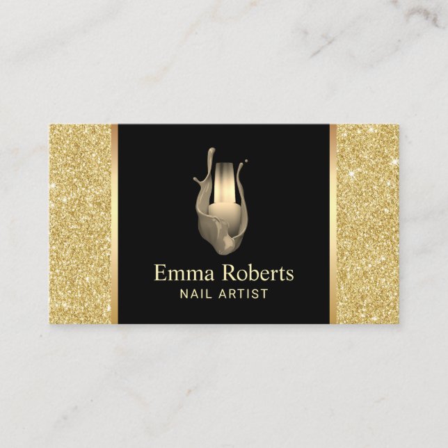 Nail Salon Polish Bottle Modern Gold Glitter Business Card (Front)
