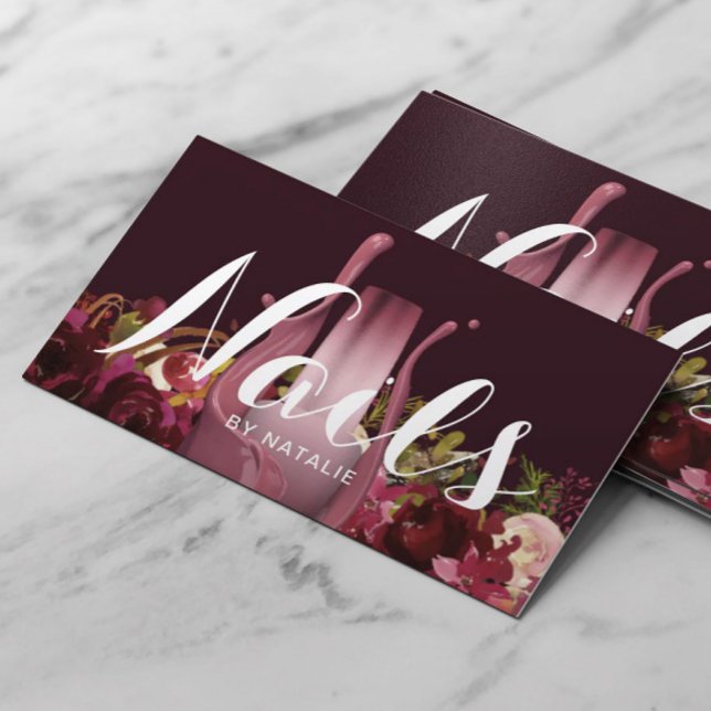 Nail Salon Polish Manicurist Burgundy Floral Business Card (Creator Uploaded)