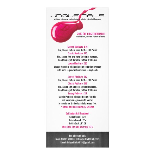 Nail Salon Price List Rack Cards (Front)