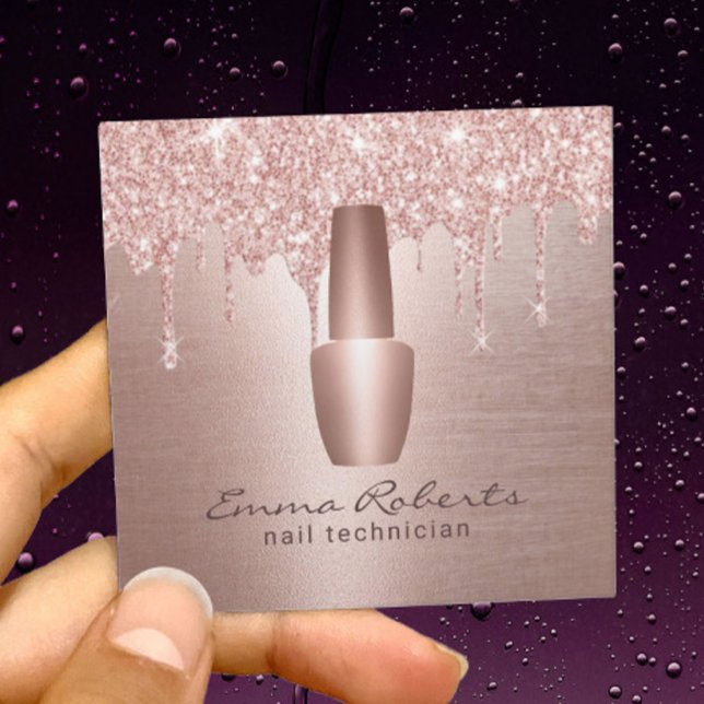 Nail Salon Rose Gold Glitter Drips Makeup Artist Square Business Card (Creator Uploaded)