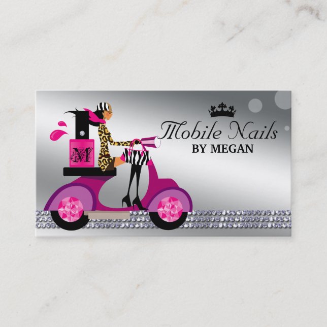 Nail Salon Scooter Girl Fashion Modern Silver Business Card (Front)