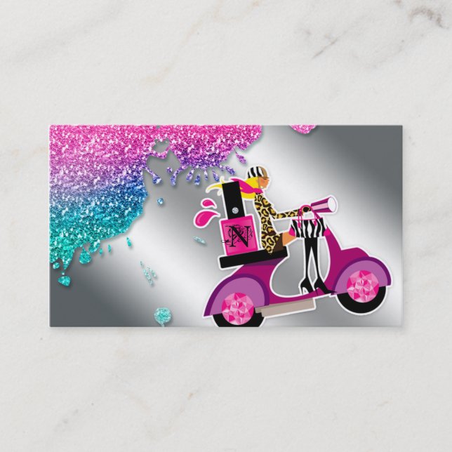 Nail Salon Scooter Girl Glitter Polish Swirls Business Card (Front)