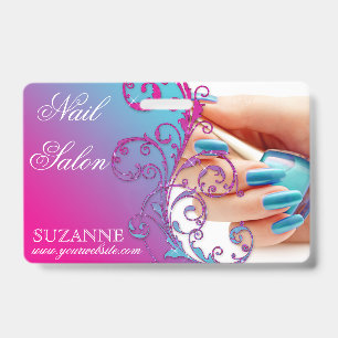Nail Salon Technician Floral Damask Pink Blue  ID Badge