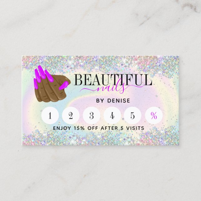 nail salon woman hand nail technician holographic  business card (Front)
