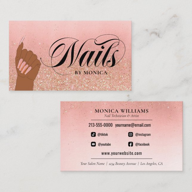 Nail Shop Manicure Tech Peach Gold Glam Glitter Business Card (Front/Back)