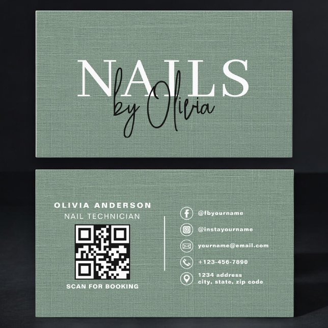 Nail Specialist Linen Sage Green QR Code   Business Card (Creator Uploaded)
