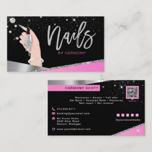 Nail Tech Artist Glam Pink Silver Diamond Salon Business Card