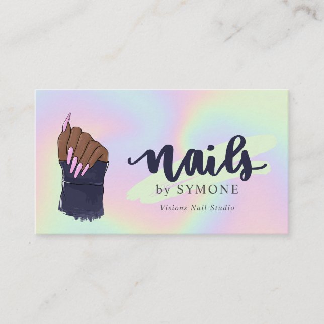 Nail Tech Beauty Salon Pastel Neon Holographic Bus Business Card (Front)