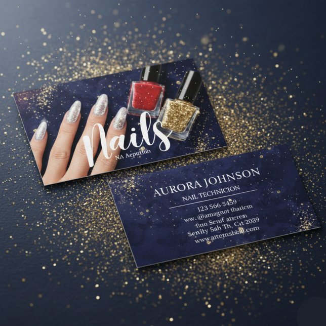 Nail Tech Glam Navy glitter Business Card (Creator Uploaded)