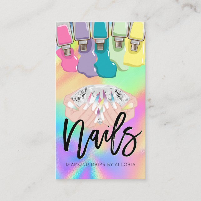 Nail Tech - Hands Diamond Logo - Holographic Salon Business Card (Front)