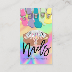 Nail Tech - Hands Diamond Logo - Holographic Salon Business Card