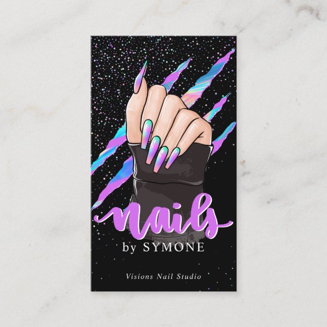 Nail Tech Holographic Claw Slash Nail Shop Logo Business Card (Front)