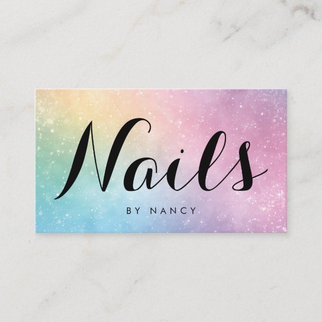 Nail Tech Holographic Pastel Script Typography Business Card (Front)
