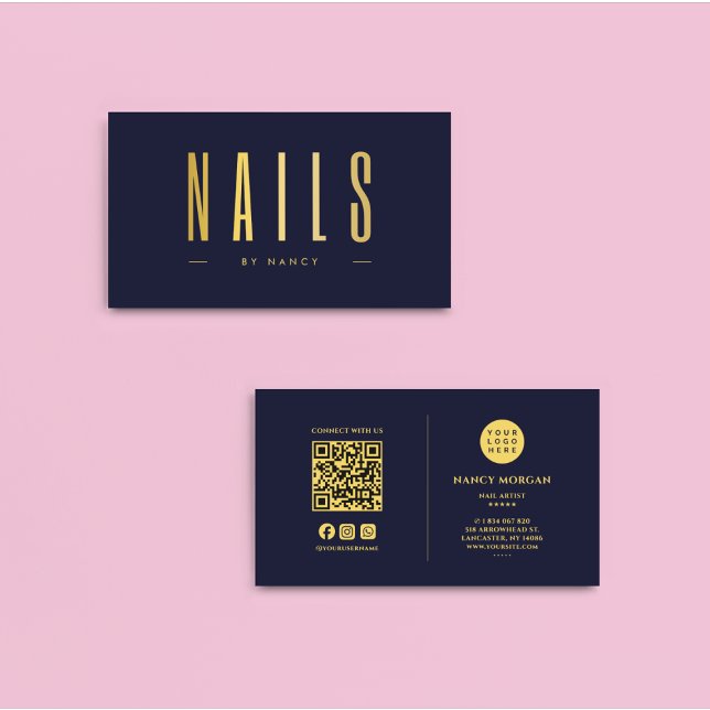 Nail Tech Manicurist  QR Code Logo  Navy & Gold Business Card (Creator Uploaded)