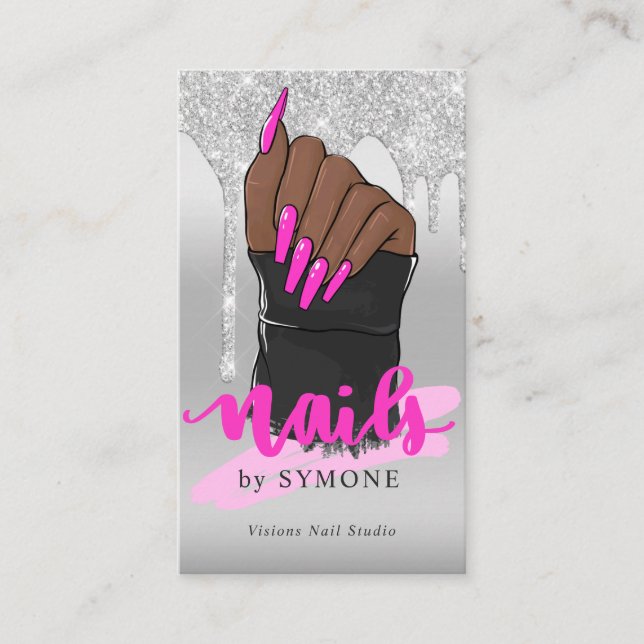 Nail Tech Nail Artist Salon Silver Glitter Drip Bu Business Card (Front)