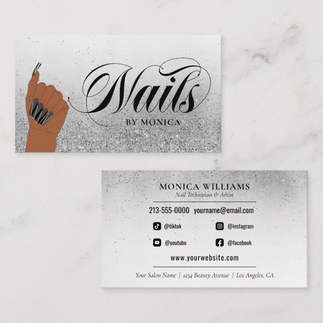Nail Tech Nail Artist Silver Glam Glitter Salon Bu Business Card (Front/Back)