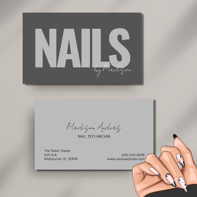 Nail Tech Professional Salon Grey Typography  Business Card (Nail Tech Professional Salon Gray Typography Business Card)
