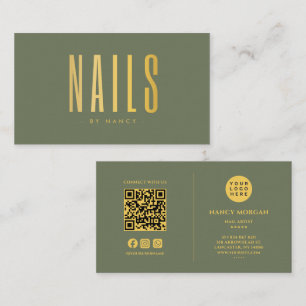 Nail Tech QR Code Logo Sage Green And Gold Business Card