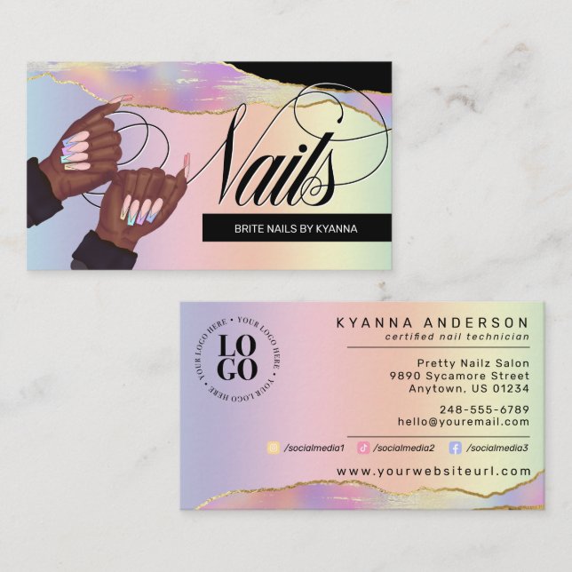 Nail Tech/Salon Holographic Rainbow - Custom Logo  Business Card (Front/Back)
