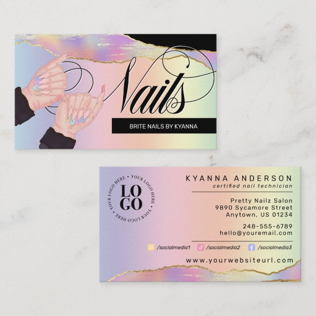 Nail Tech/Salon Holographic Rainbow - Custom Logo  Business Card (Front/Back)