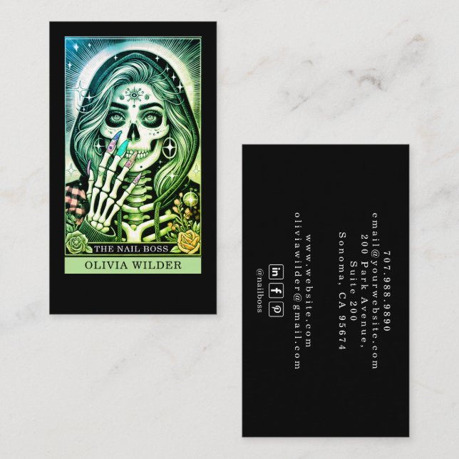 Nail Tech Tarot Card Black Business Card (Front/Back)
